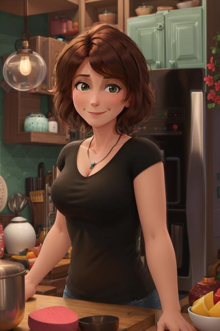 2756346059-aunt cass, wearing a black tshirt, leaning on a kitchen counter, [cleavage_0.3], happy_.png